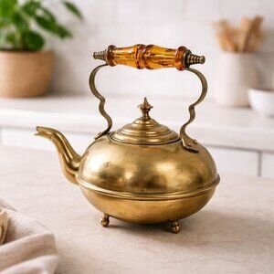 Vintage Brass Teapot With Amber Glass Handle Ornate Mid Century Decor